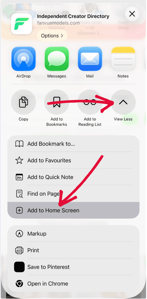 Step 3: Tap Add to Home Screen for Fanvue Daily PWA